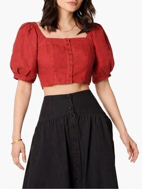 Joie Linen Crop Top Puff Sleeve Square Neck Button Front